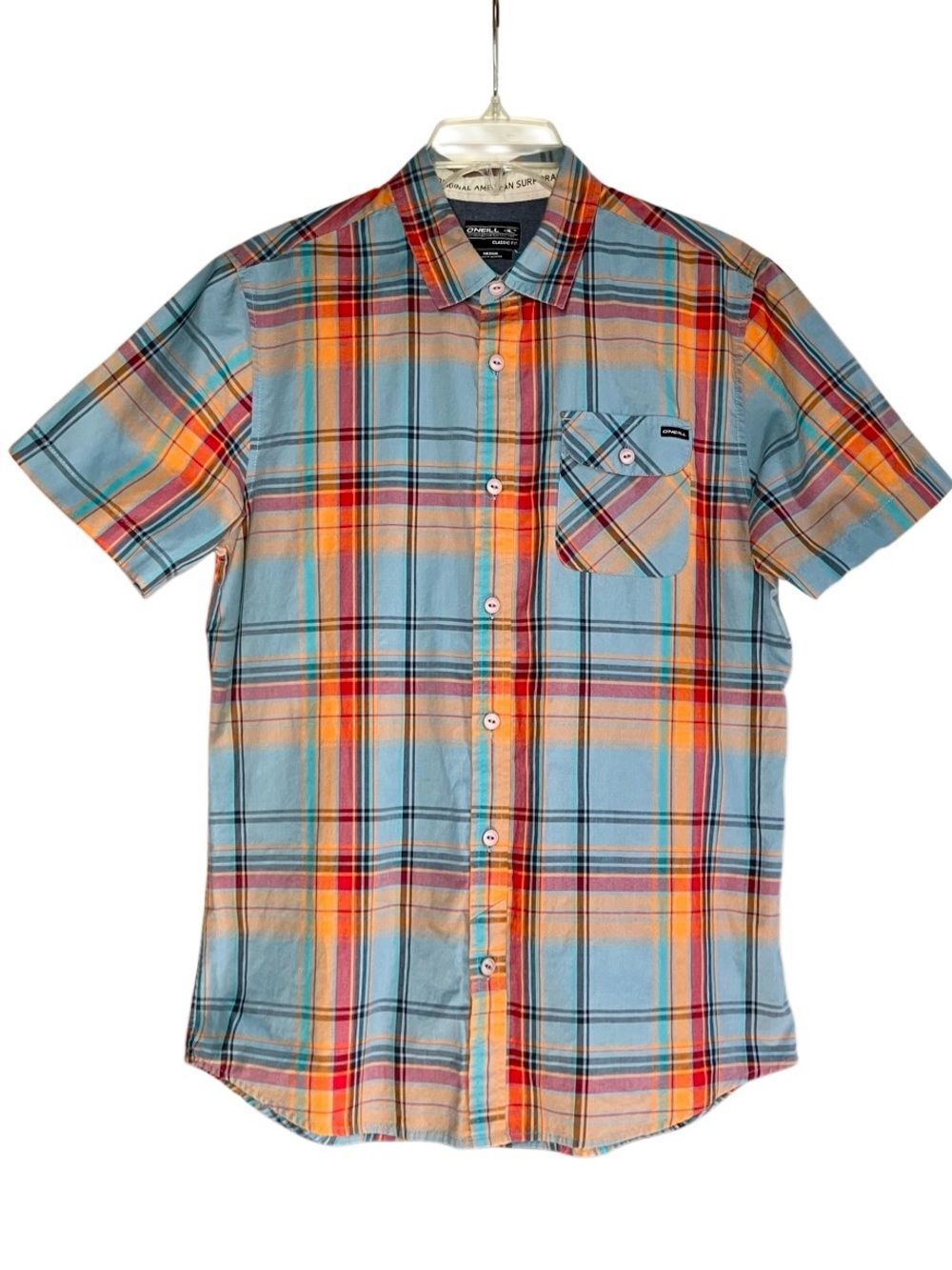 O’Neill Classic Fit Plaid Short Sleeve in Blue/Red/Orange Men’s M